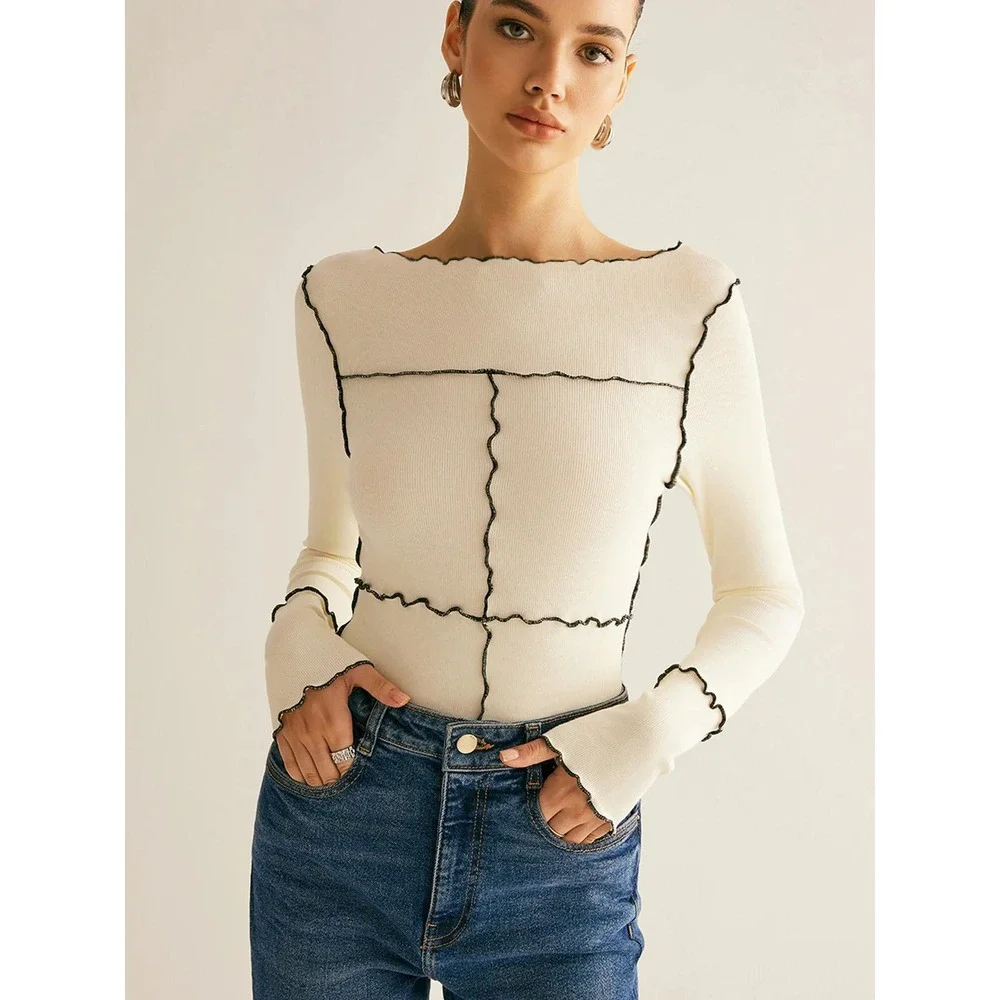 Commense‎ Deep Burgundy Ribbed Lettuce Hem Seam Detail Long Sleeve Top Small - Picture 12 of 13